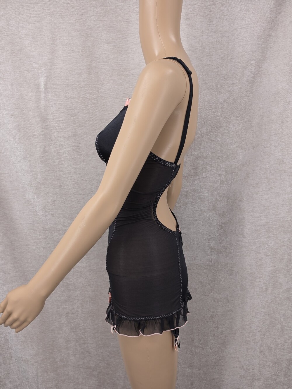 Y2K Victoria's Secret Black Satin Slip Chemise with Pink Bow Garters Corset - Picture 4 of 13